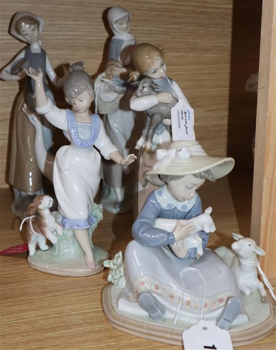 A LLadro figure of Lambkins, Girl with a cockerel, Wednesdays Child, Girl with a lamb and Girl with a duck